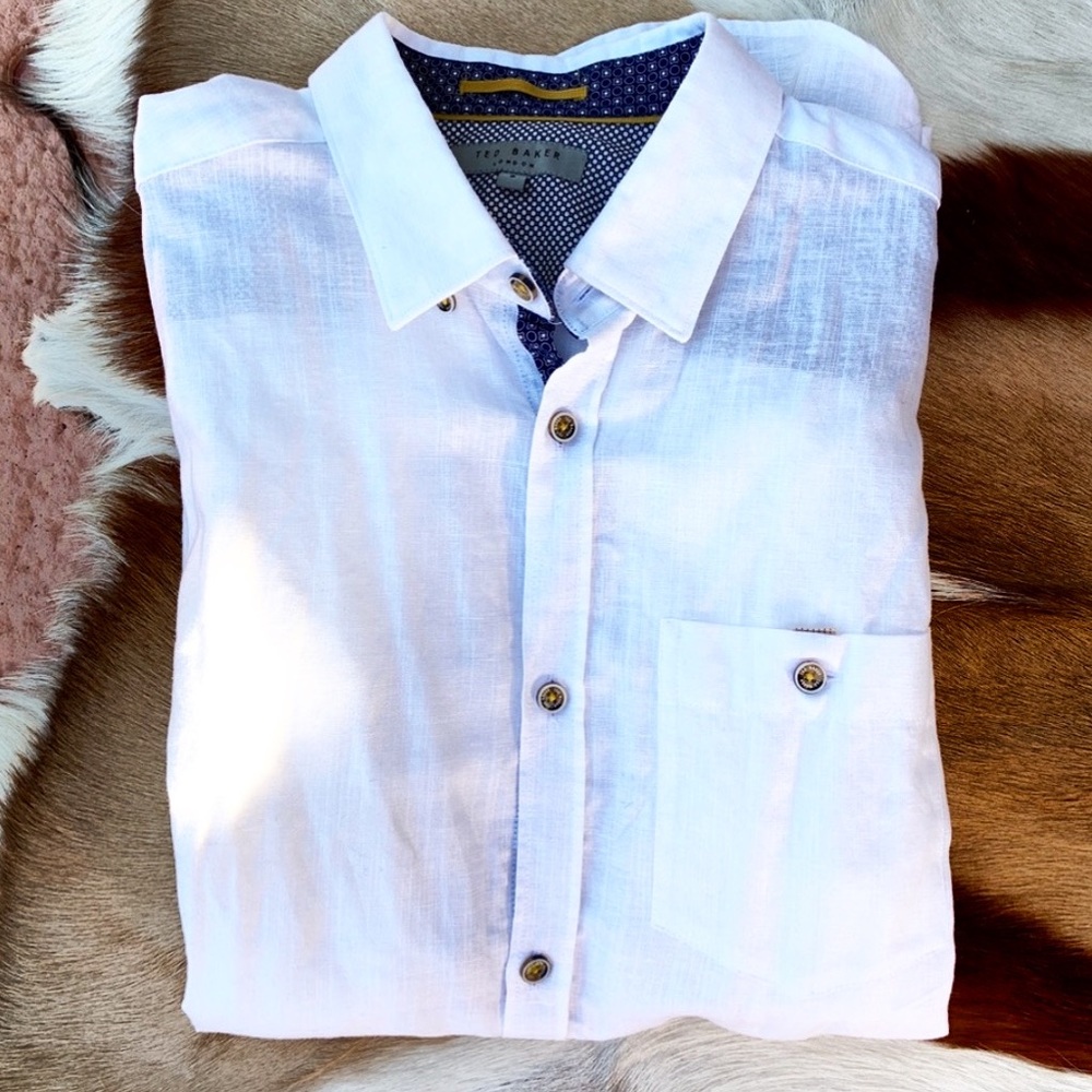 TED BAKER Mens casual stylish button up shirt long sleeve linen blend slim 3